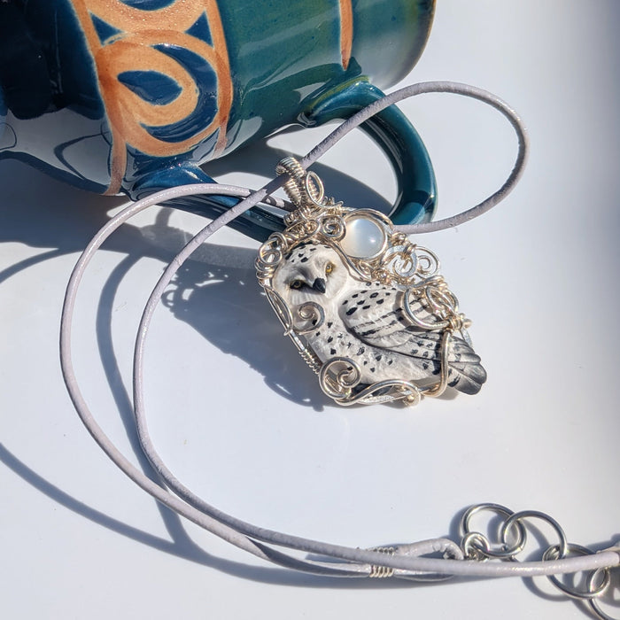 Snow Owl Pendant with Silky Moonstone