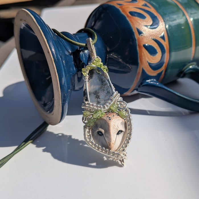 Barn Owl Pendant with Moss Agate