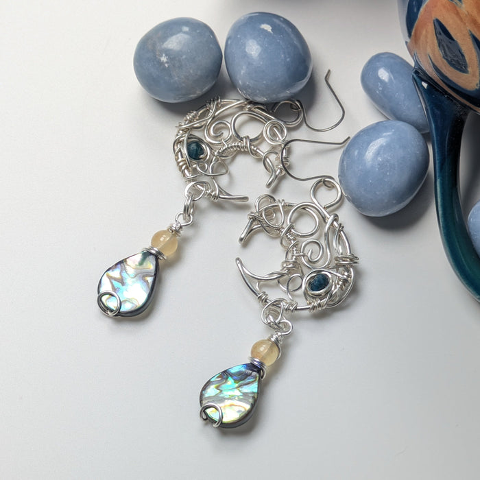 Silver Moon Earrings with Abalone
