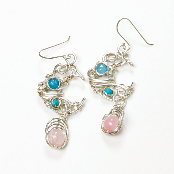 Blue and Pink Silver Moon Earrings