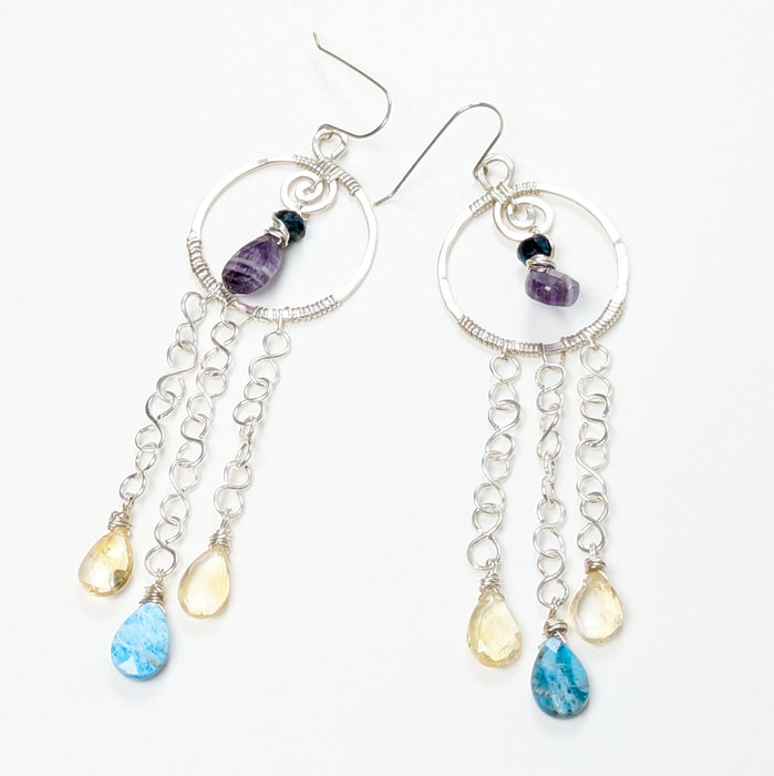 Silver dangle Earrings with Apatite, Citrine, and Amethyst