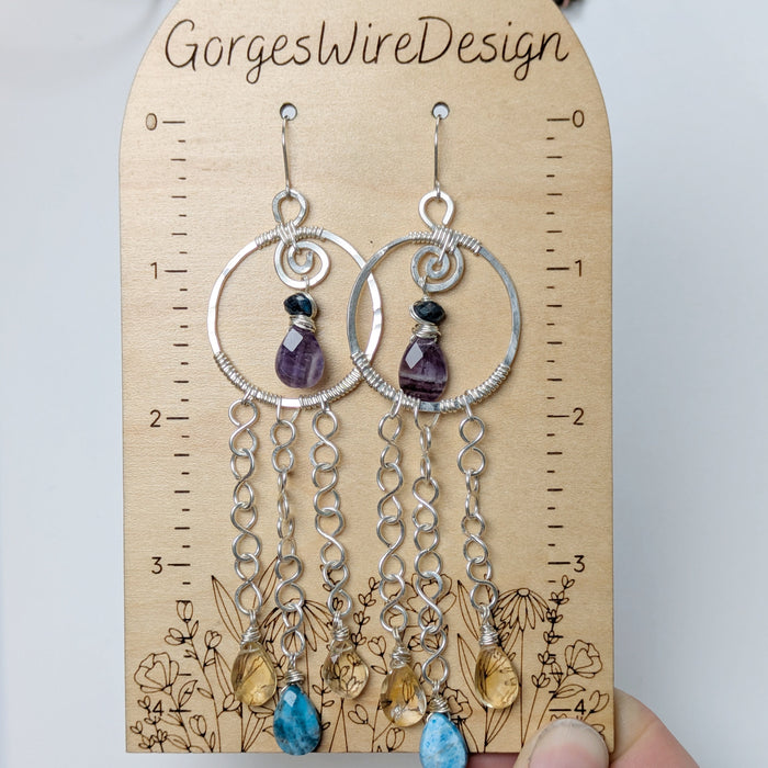 Silver dangle Earrings with Apatite, Citrine, and Amethyst