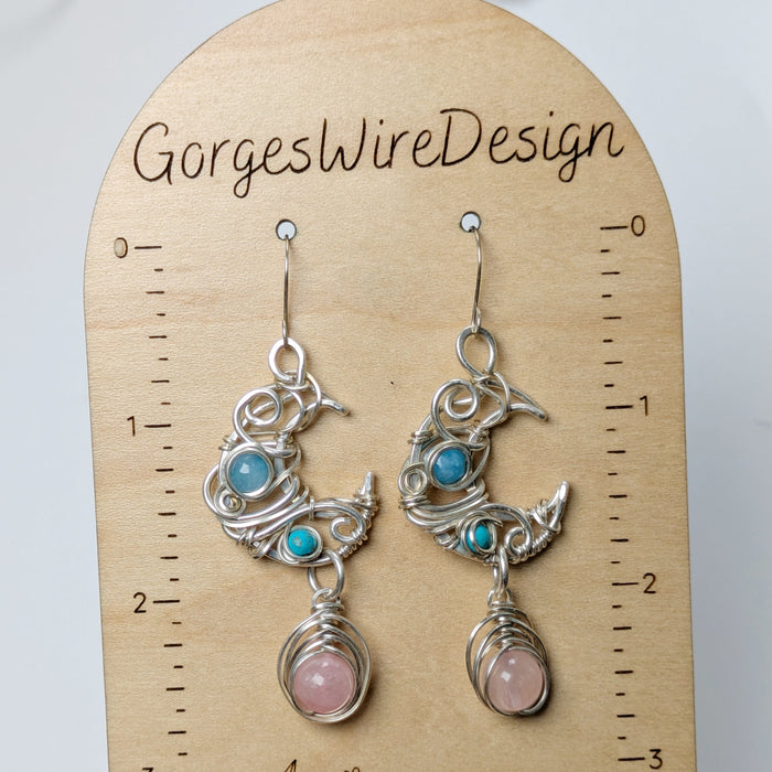 Blue and Pink Silver Moon Earrings