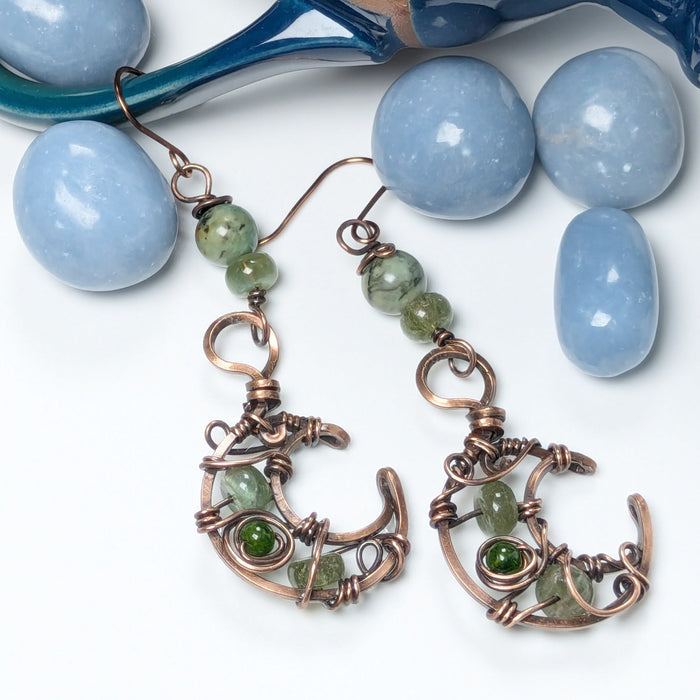 Green Boho Moon Dangle Earrings