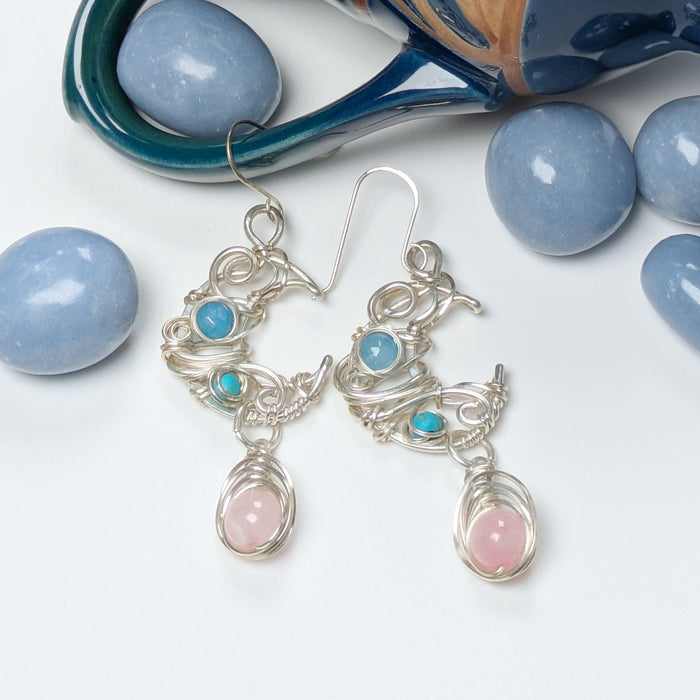 Blue and Pink Silver Moon Earrings
