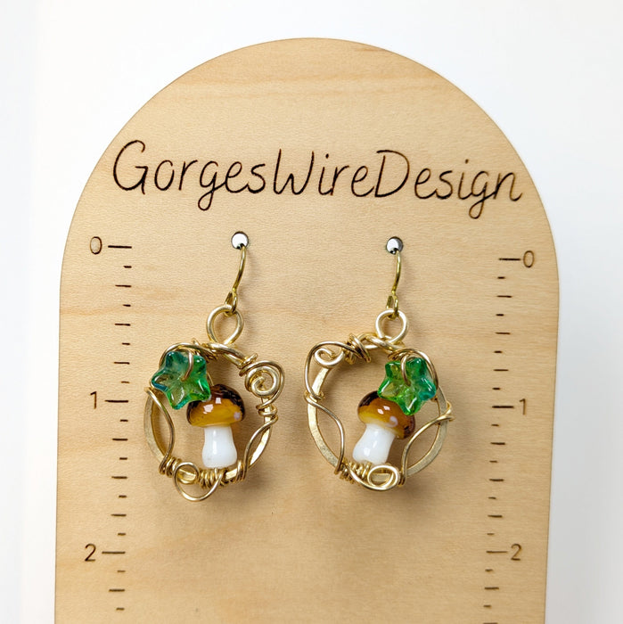 Gold Brass Mushroom Dangle Earrings