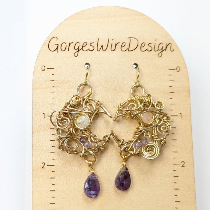Gold-brass Opal Moon Earrings