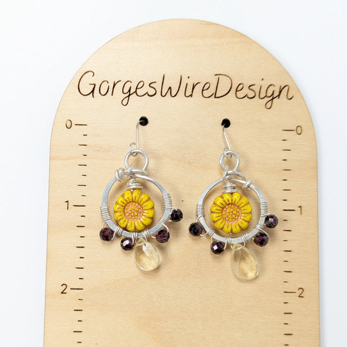 Sunflower Earrings with Garnet and Citrine