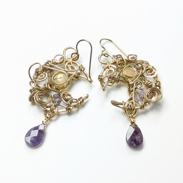 Gold-brass Opal Moon Earrings
