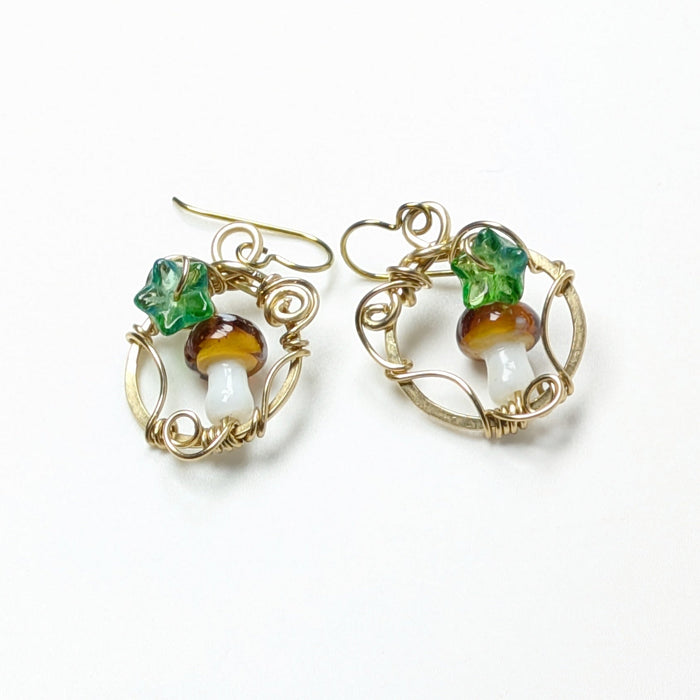 Gold Brass Mushroom Dangle Earrings