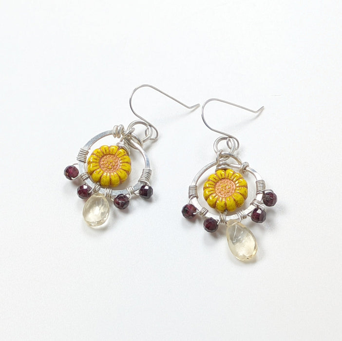 Sunflower Earrings with Garnet and Citrine