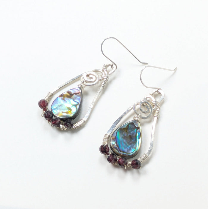 Abalone and Garnet Silver Earrings