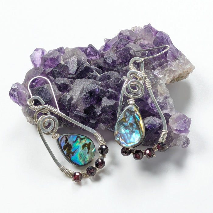 Abalone and Garnet Silver Earrings
