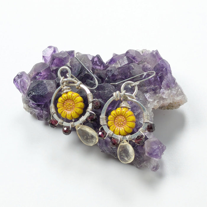 Sunflower Earrings with Garnet and Citrine