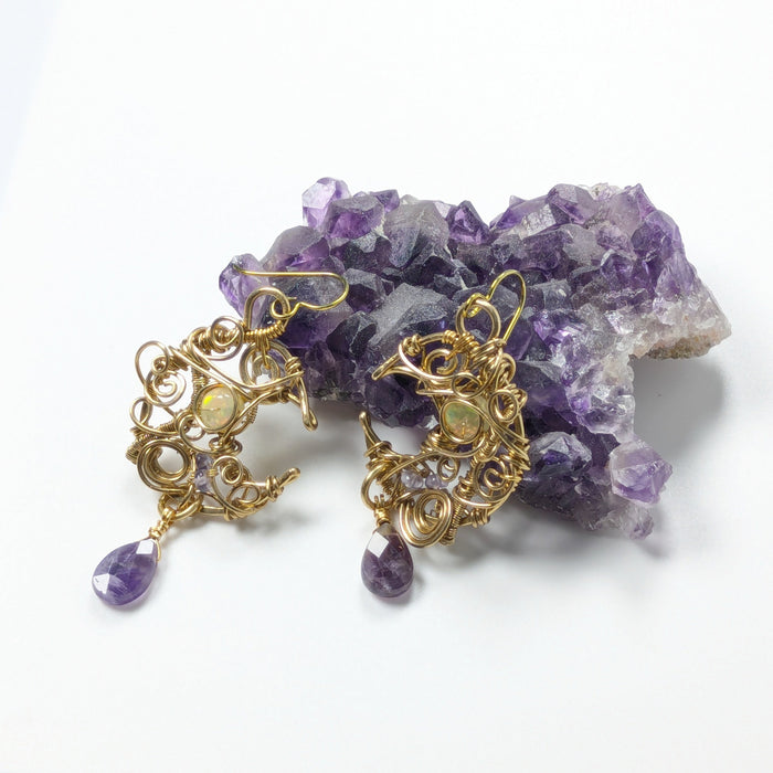 Gold-brass Opal Moon Earrings