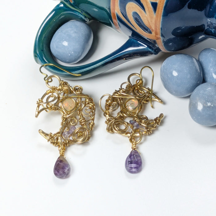 Gold-brass Opal Moon Earrings