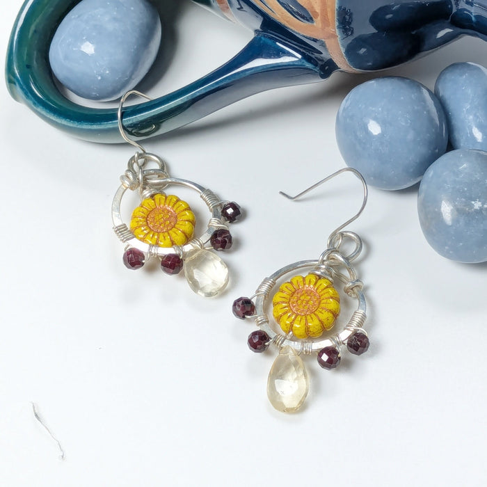 Sunflower Earrings with Garnet and Citrine