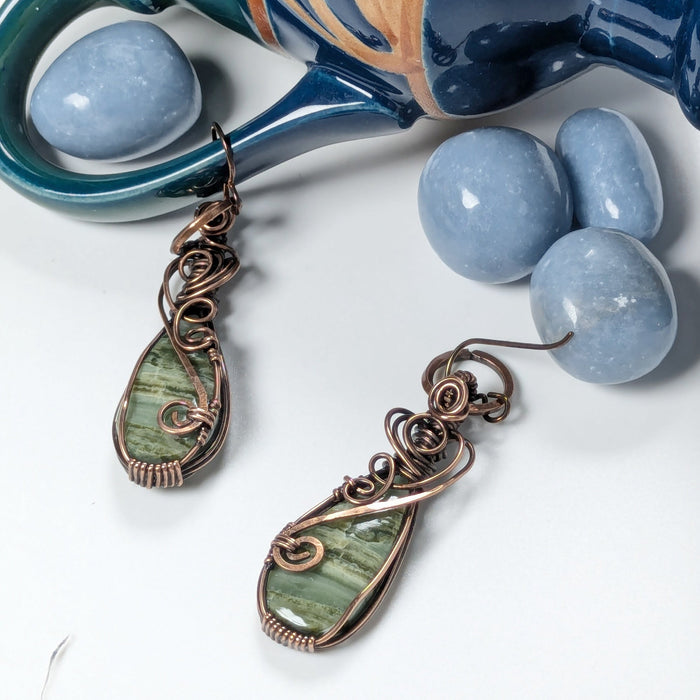 Green Petrified Wood "Larsonite" Earrings