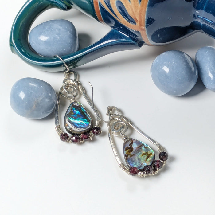 Abalone and Garnet Silver Earrings
