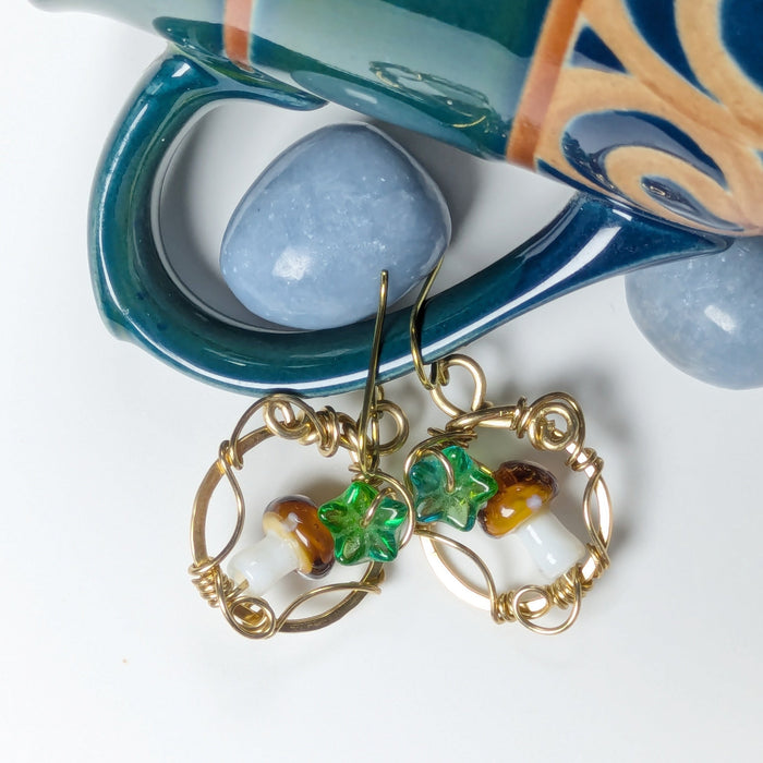 Gold Brass Mushroom Dangle Earrings