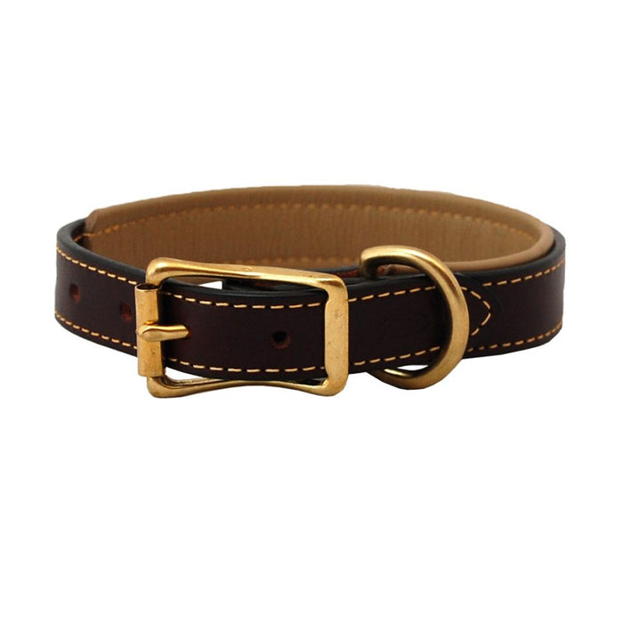 burgundy padded leather dog collar with tan lining and brass buckle and dee ring