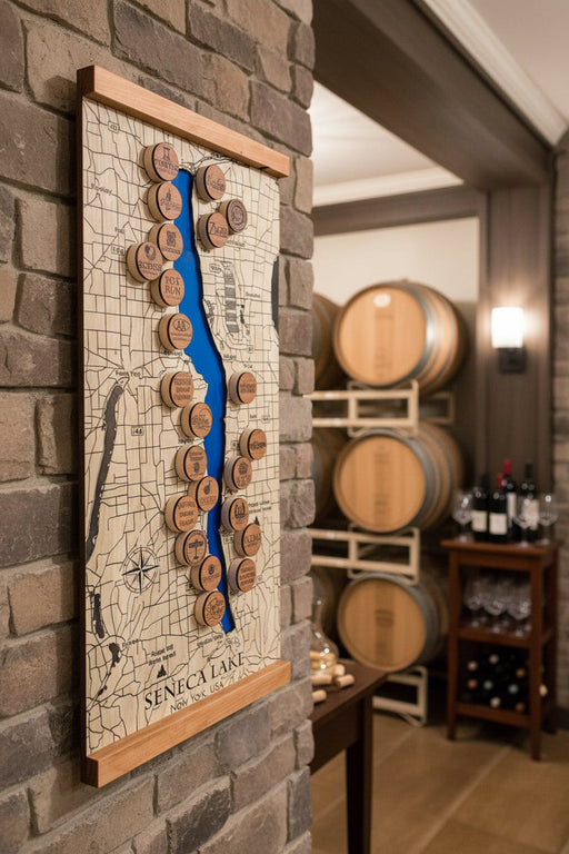 Seneca Lake Winery Touring Map mounted on a brick wall