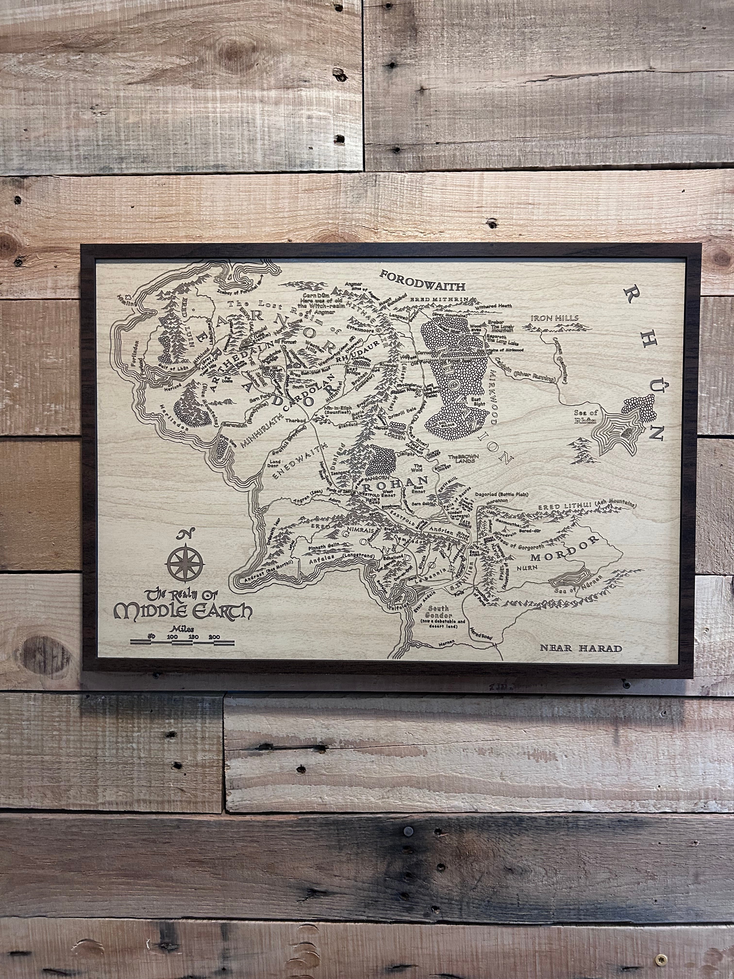 Wooden map of Middle-earth on a wooden wall
