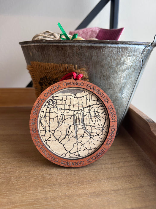 Finger Lakes Map Christmas Ornament - Laser Engraved Maple Wood
