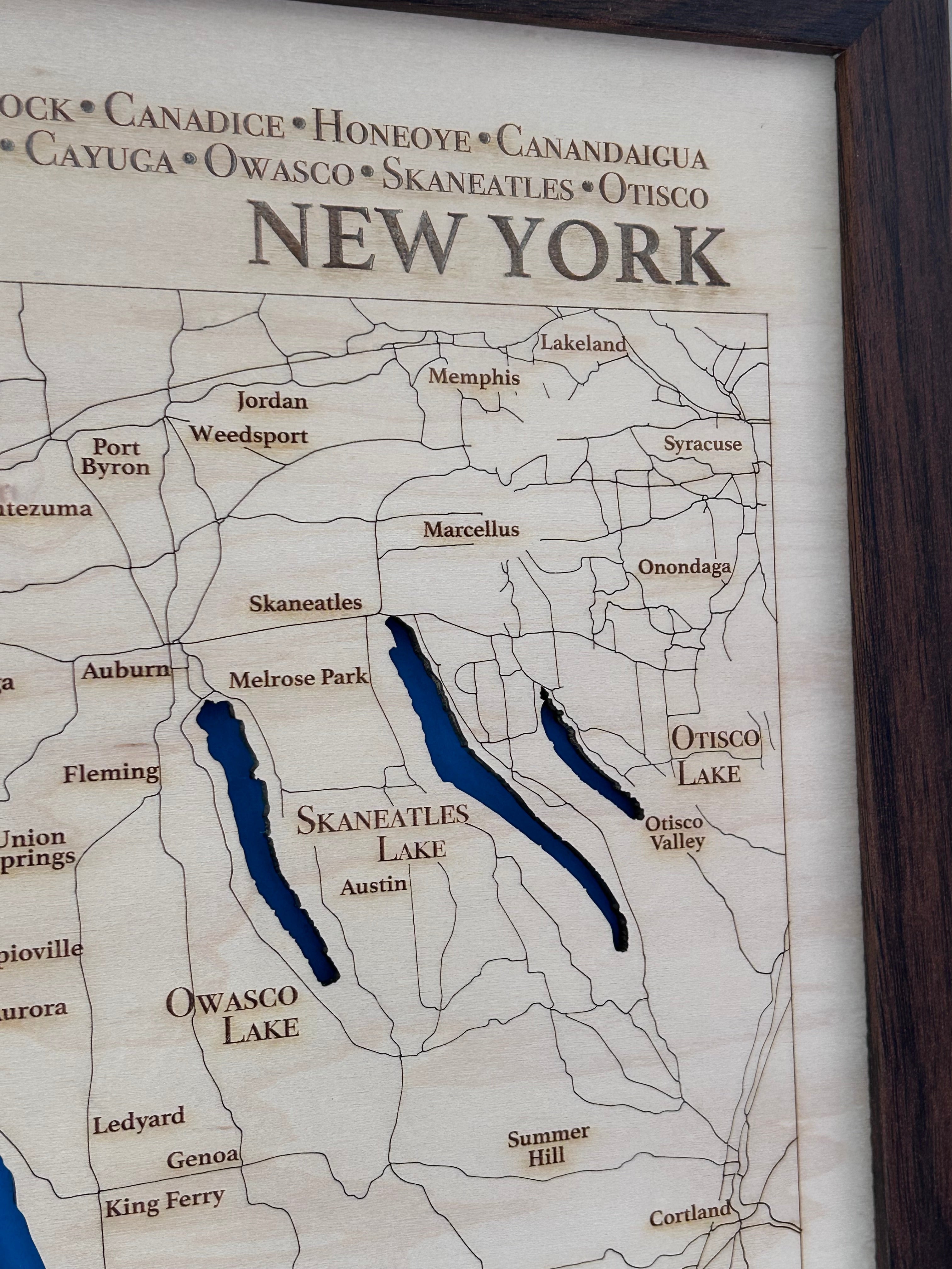 Finger Lakes Map | Laser-Engraved Wood Wall Art