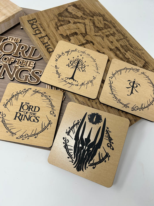 LOTR laser engraved maple wood drink coaster set — gift for Tolkien fans