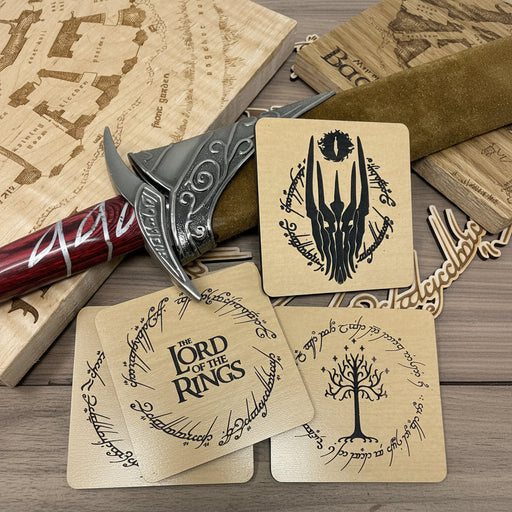 Set of 4 laser engraved Lord of the Rings wood coasters on table