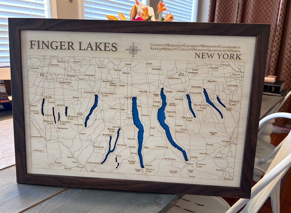 Finger Lakes Map | Laser-Engraved Wood Wall Art
