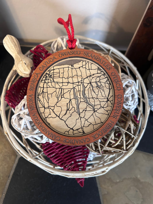 Finger Lakes Map Christmas Ornament - Laser Engraved Maple Wood