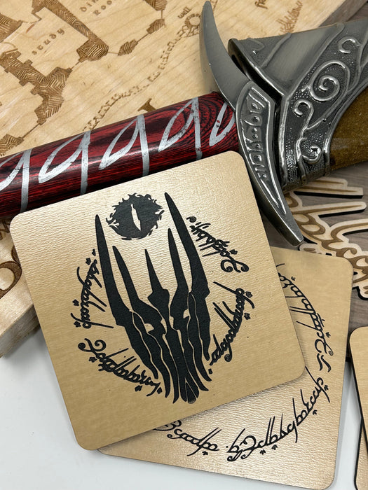 Laser engraved Eye of Sauron maple wood coaster — LOTR fan gift