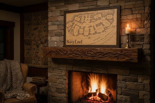 Framed map of Bag End with detailed design on a plain background