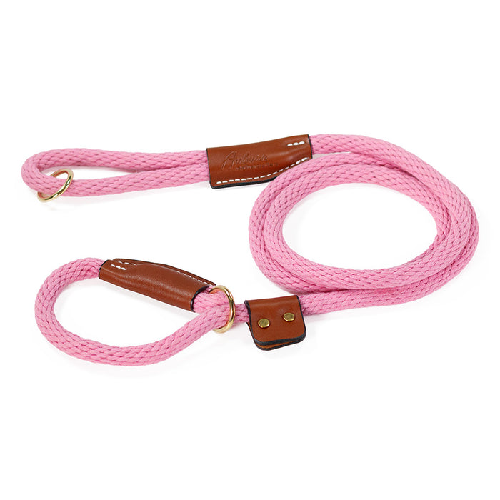 pink braided cotton rope slip leash with brass hardware and leather trim