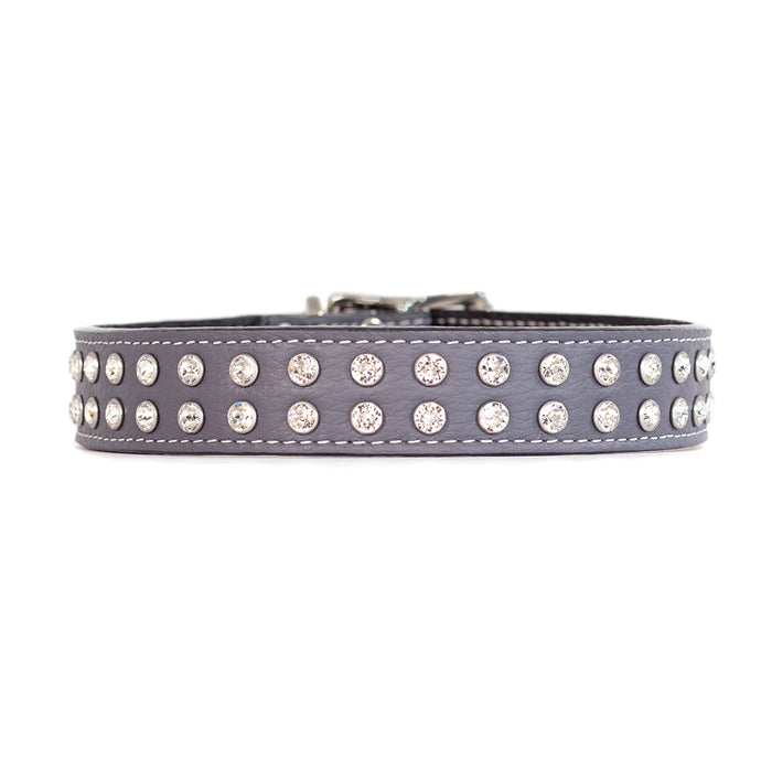 grey Tuscan Italian leather dog collar with two rows of crystals