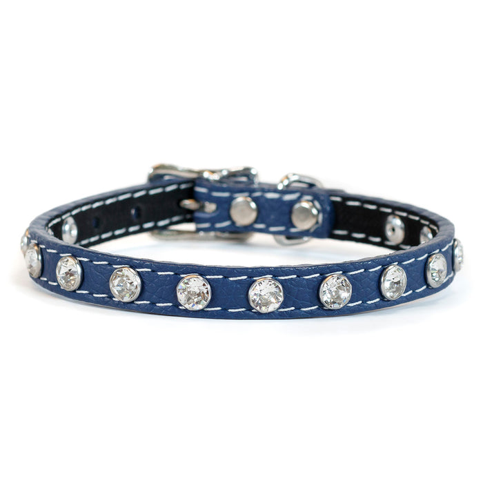 Tuscan Italian Leather Mini collar in Navy with Swarovski crystals