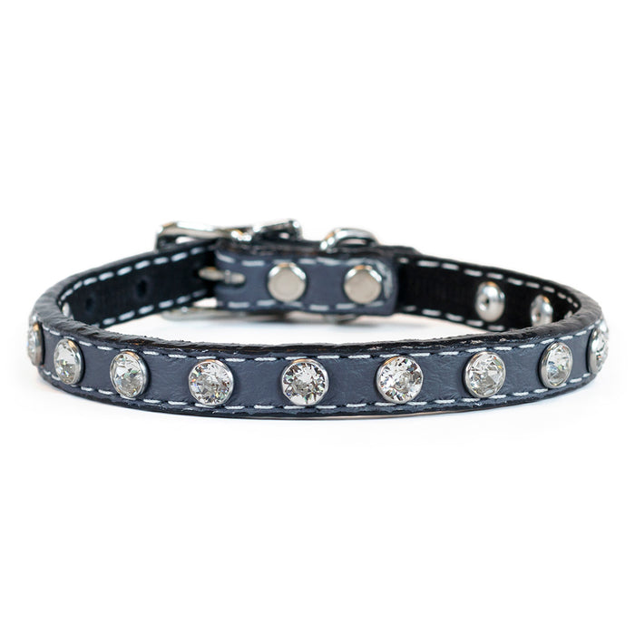 Tuscan Italian Leather Mini collar in Slate Grey with Swarovski crystals