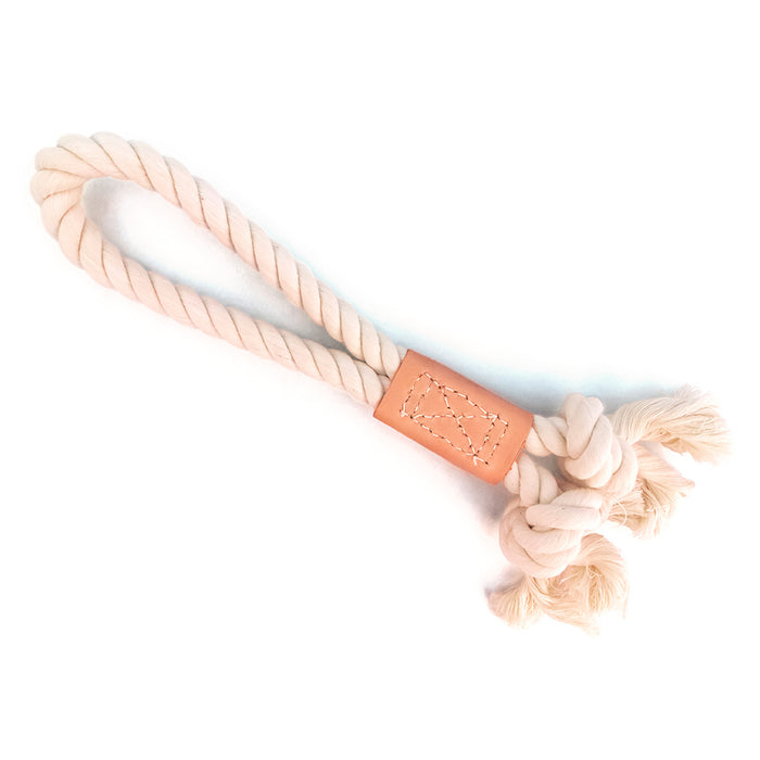 Knotted cotton rope dog toy with leather reinforcement