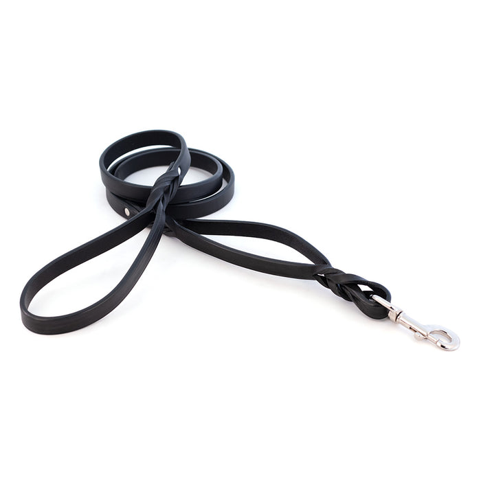 black two-handled braided leash with nickel hardware
