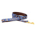 a tail we could wag Block Island Blue handwoven dog leash with blue background and brown and tan print and a brass snap