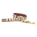 a tail we could wag handwoven dog leash with tan background and blue and brown pattern and a brass snap