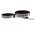 a tail we could wag Block Island Slate handwoven dog leash with black patterns on grey background and a brass snap