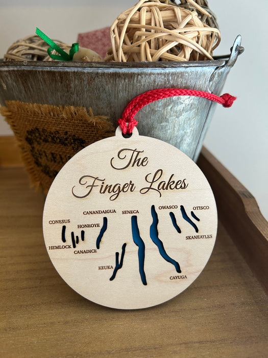 Round Maple wood Finger Lakes Christmas Ornament