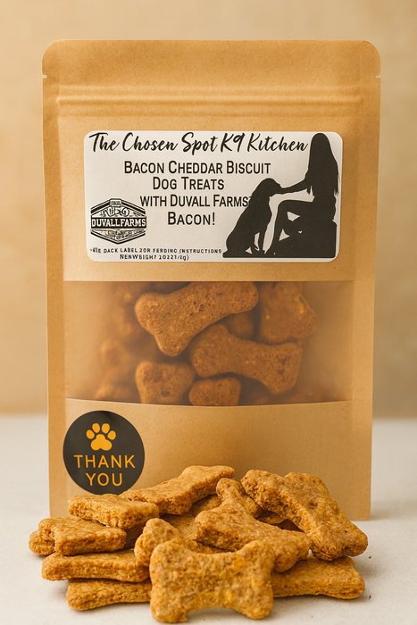 A bag of Bacon Cheddar Biscuits with Duvall Farms Bacon. Handmade organic dog treats from The Chosen Spot K9 Kitchen with a pile of treats in front.