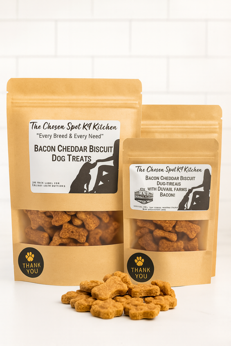 Two packages of Bacon Cheddar Biscuit Dog Treats from The Chosen Spot K9 Kitchen on a white background.
