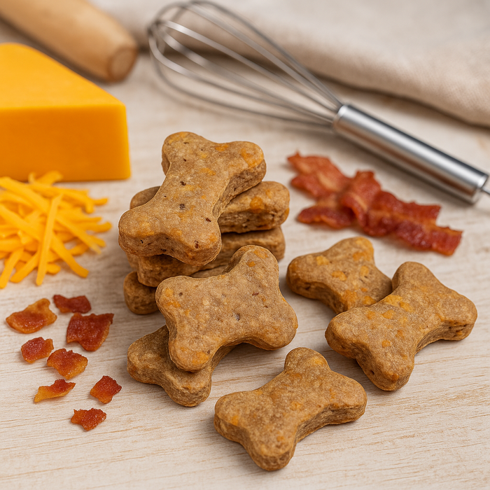 Bacon Cheddar Biscuits with Duvall Farms Bacon. Handmade organic dog treats from The Chosen Spot K9 Kitchen surrounded by chopped bacon, shredded cheddar cheese and a whisk.