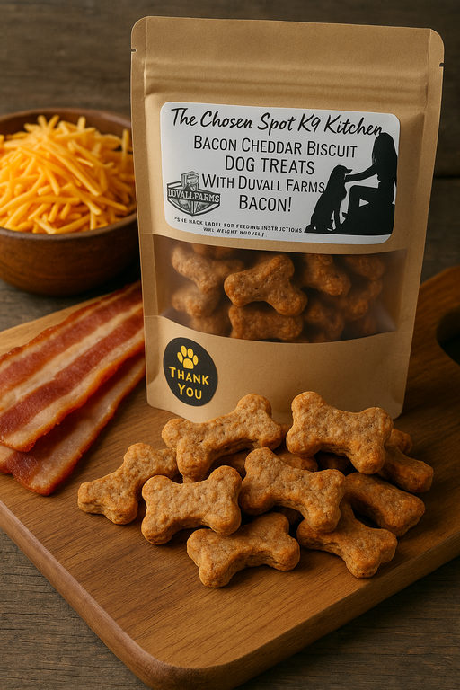 A bag of Bacon Cheddar Biscuits with Duvall Farms Bacon. Handmade organic dog treats from The Chosen Spot K9 Kitchen next to slices of bacon and a bowl of cheddar cheese.