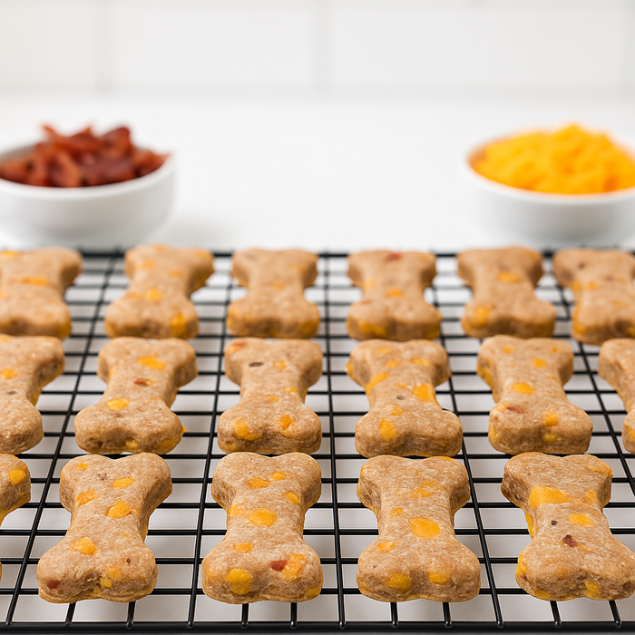 Bacon Cheddar Biscuits with Duvall Farms Bacon. Handmade organic dog treats from The Chosen Spot K9 Kitchen on a cooling rack with bowls of bacon and shredded cheddar cheese.